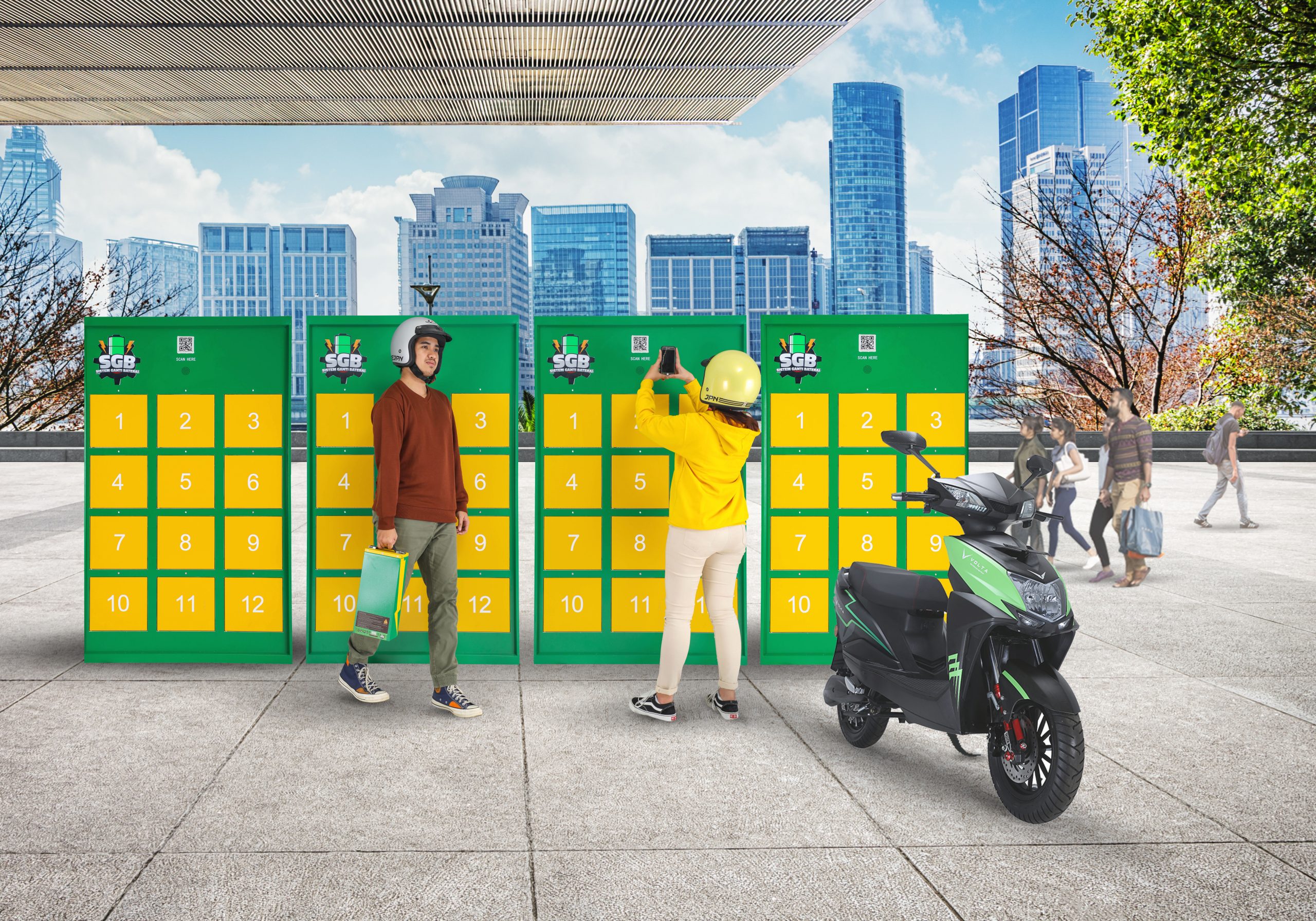 Two people changing the battery of their electric motorcycle