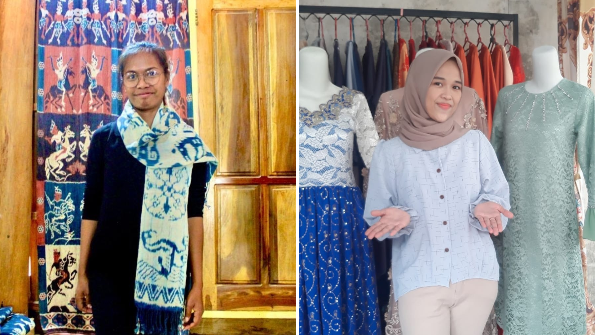 Two women with traditional fabric