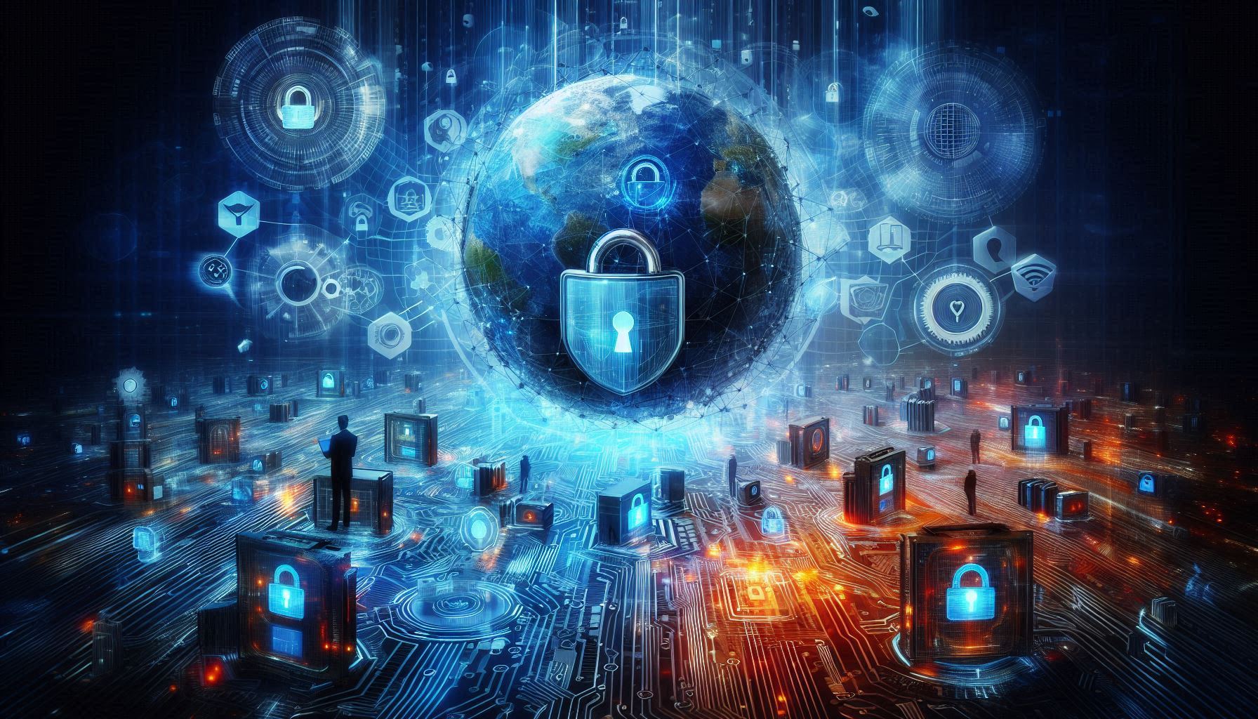 An illustration in blue color, showing a digital world being protected with a huge lock