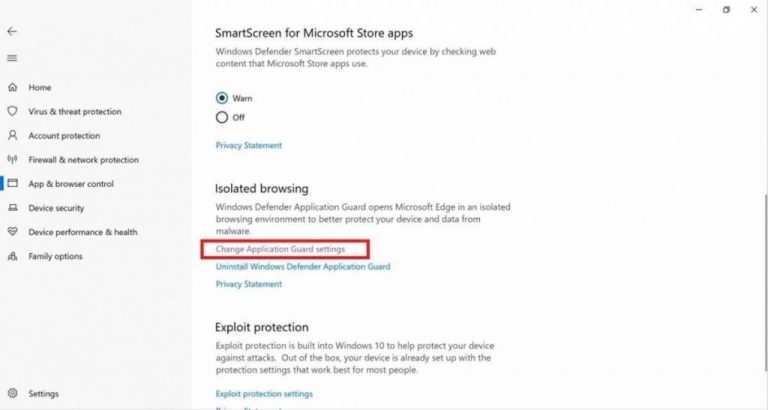 Скриншот изменение параметров Application Guard