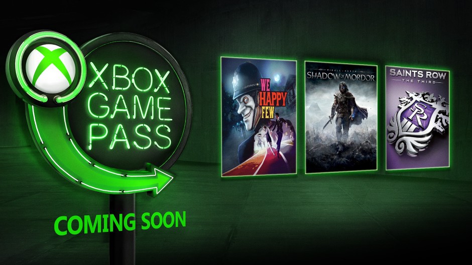 Обложки игр Middle-earth: Shadow of Mordor, We Happy Few и лого каталога Xbox Game Pass