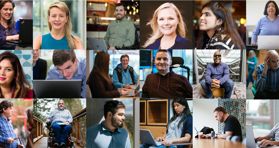 Коллаж из портертов сотруднков Майкрософт с инвалидностью