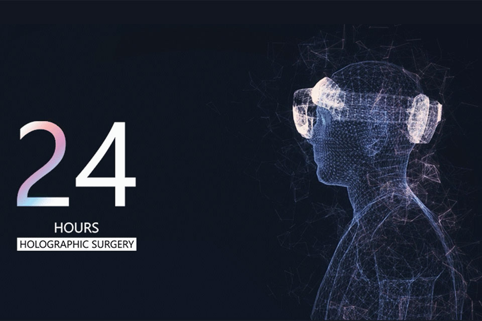Баннер мерпориятия holographic surgery - поясной силуэт человека в очках дополненной реальности