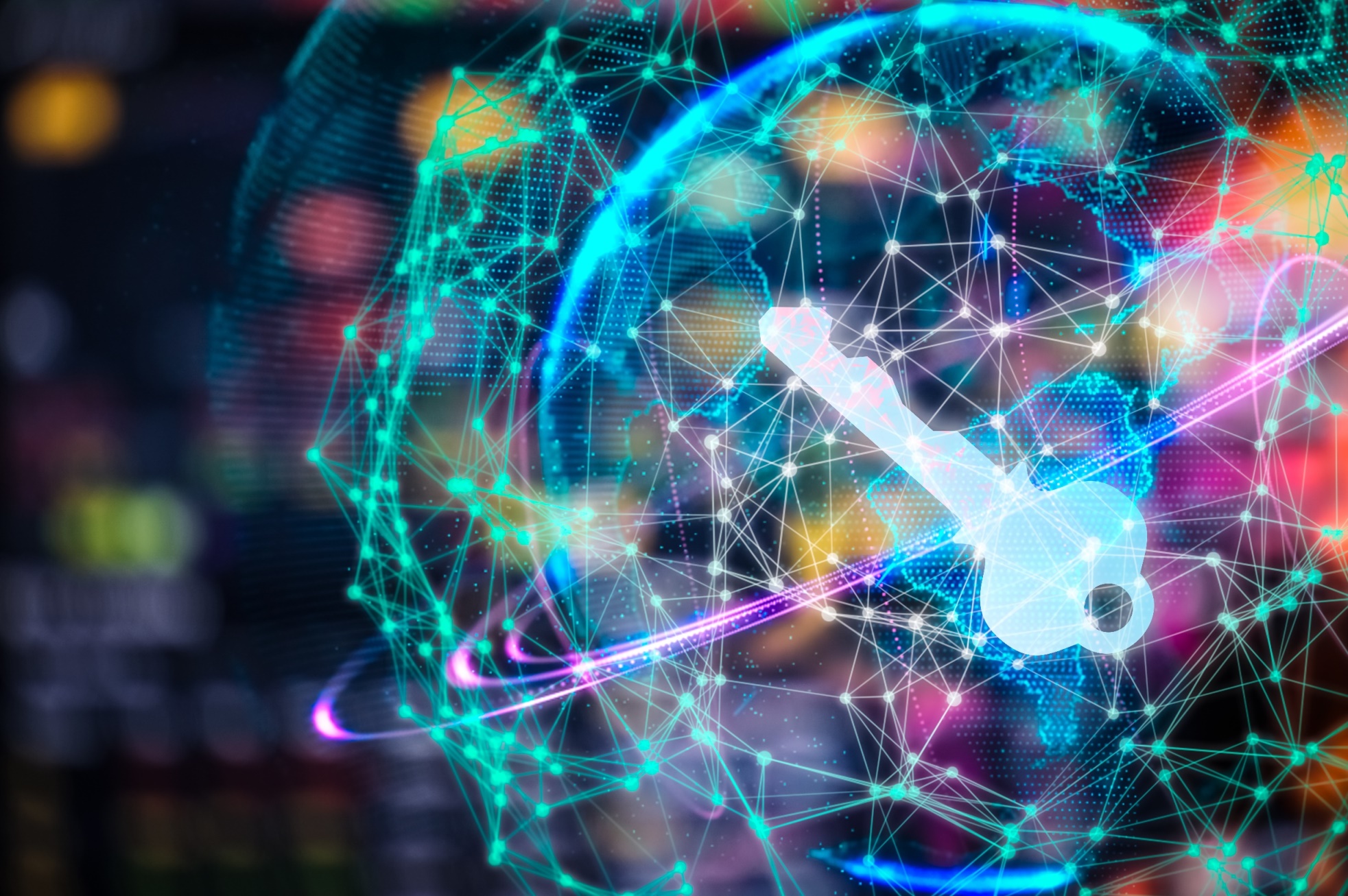 Glowing key in grid of light points, representing cybersecurity