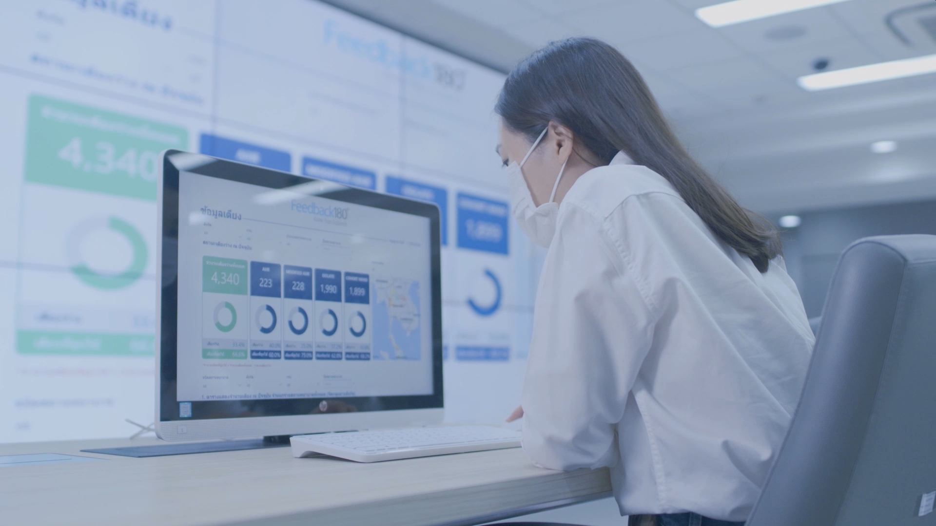 Woman sitting in front of monitor displaying COVID-19 data dashboard