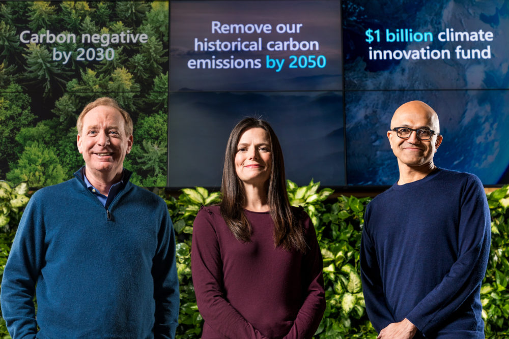 Microsoft President Brad Smith, Chief Financial Officer Amy Hood and CEO Satya Nadella preparing to announce Microsoft’s plan to be carbon negative by 2030. (Jan. 15, 2020/Photo by Brian Smale)