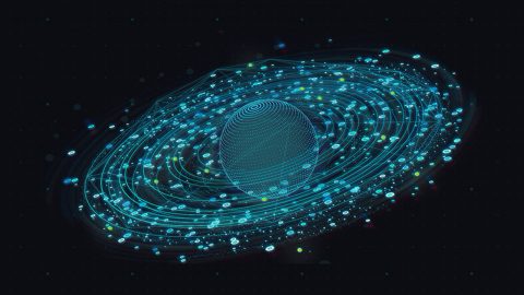 A graphic showing a green sphere with many green dots circling, with their orbits outlined