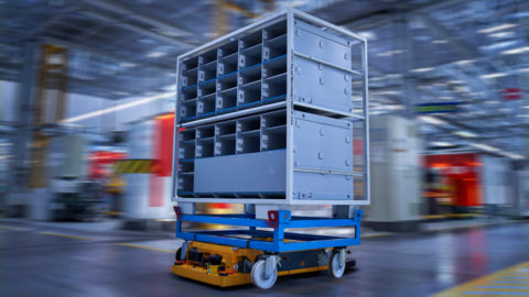 A robotic mover transports a piece of equipment highlighting Microsoft innovation