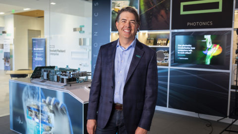 Erik Vogel, global vice president for customer experience for HPE GreenLake at Hewlett Packard Enterprise, stands with a prototype of memory-driven computing.