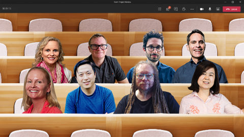 A demonstration of Microsoft Teams together mode showing people in an audtorium