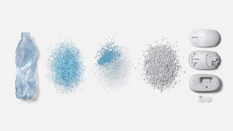 A progression of five images showing a plastic bottle, plastic beads, and a finished mouse