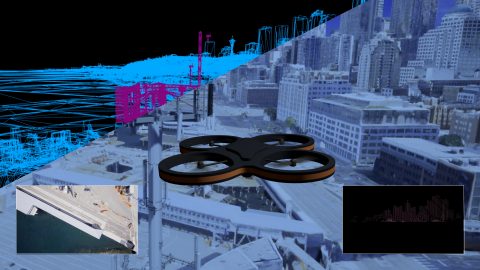Video of a simulated drone flying near a cell tower above Seattle.