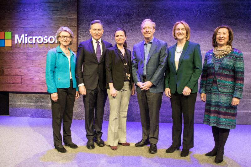 Challenge Seattle CEO Chris Gregoire, King County Executive Dow Constantine, Microsoft CFO Amy Hood, Microsoft President Brad Smith, Seattle Mayor Jenny Durkan and Hopelink CEO Lauren Thomas 