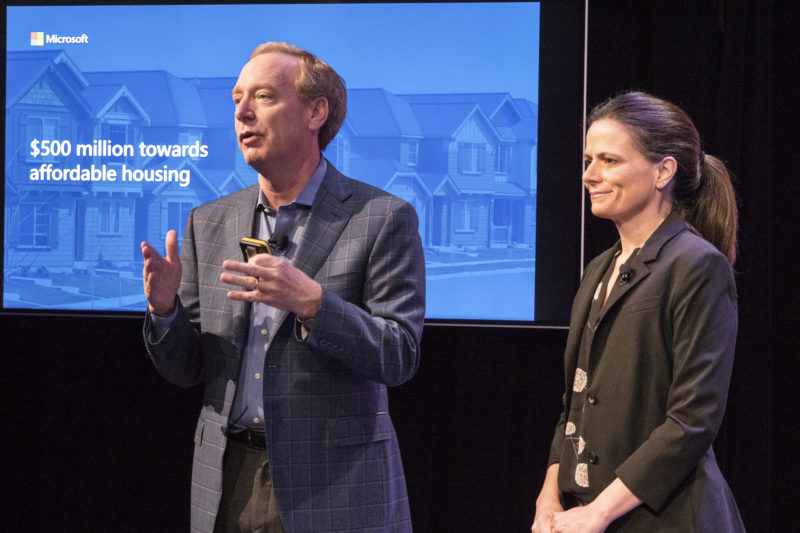 Microsoft President Brad Smith and Chief Financial Officer Amy Hood announce Microsoft’s commitment of $500M for affordable housing in the Puget Sound Region in Bellevue, Wash.