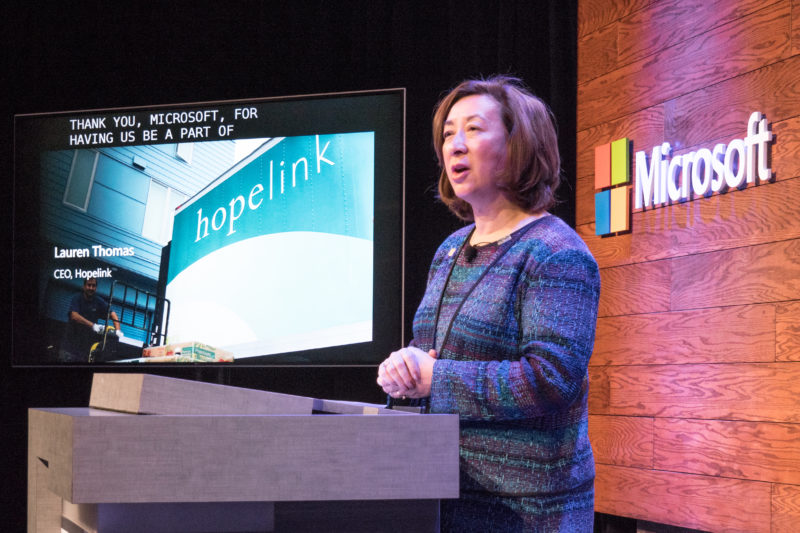 Hopelink CEO Lauren Thomas speaks at Microsoft’s announcement of $500M for affordable housing in the Puget Sound region.