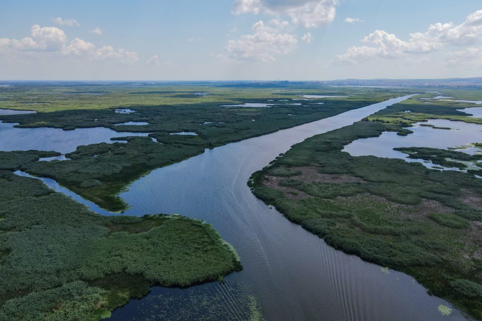 Danube Delta in Somova village, Dobrogea region, Romania. Aerial view.