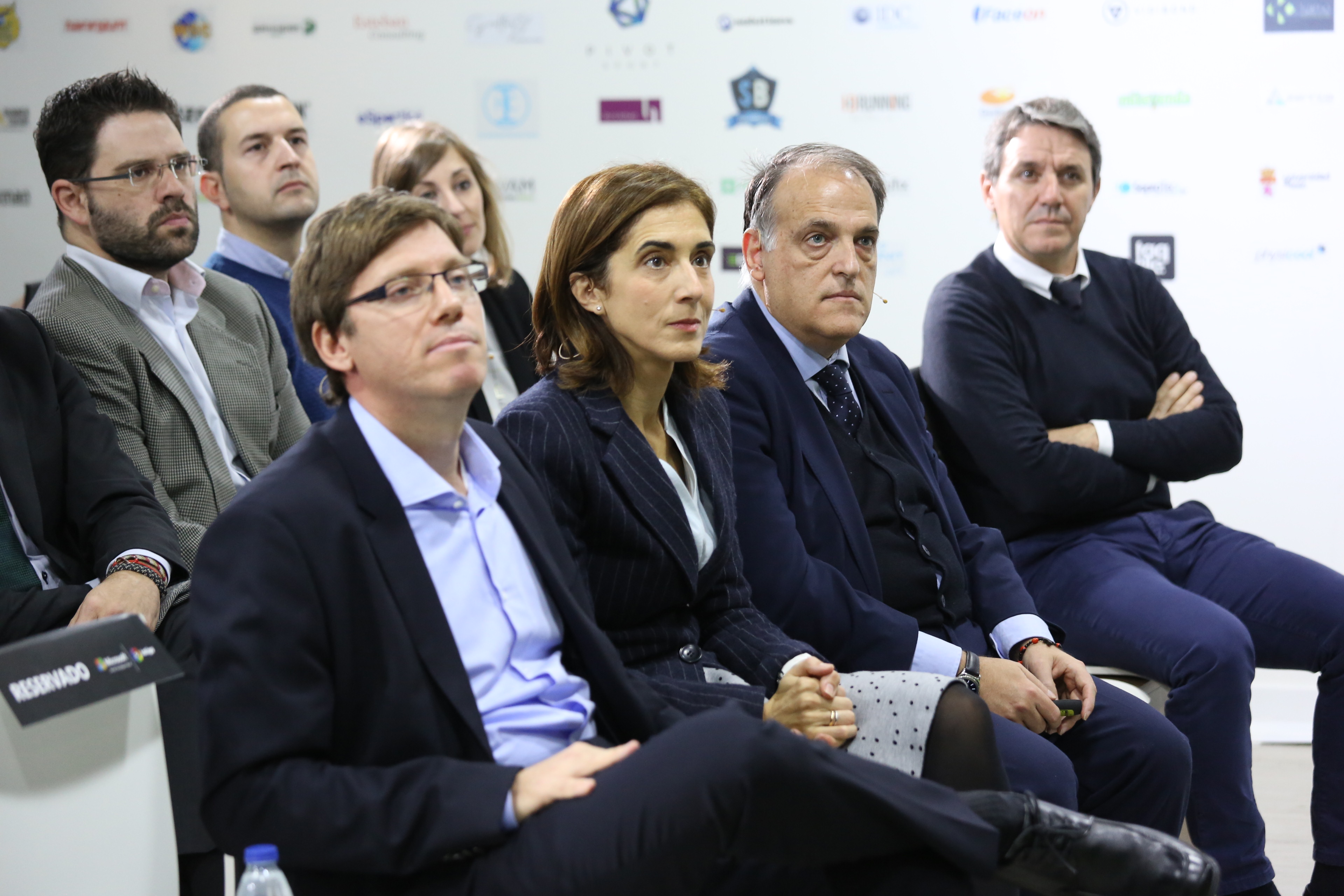 Tebas, Pilar López y Sebastián Lancestremere en la presentación del acuerdo de Microsoft y LaLiga