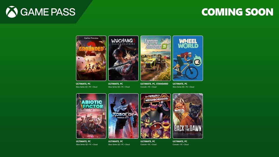 Próximamente en Game Pass: Grounded 2 (Game Preview), Wuchang: Fallen Feathers, Farming Simulator 25 y muchos más