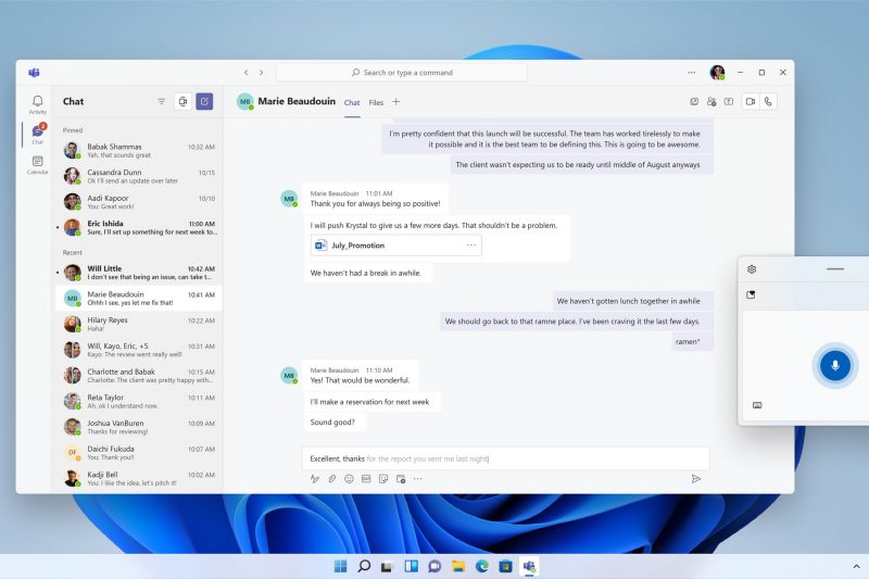 Screenshot of Teams open in Windows 11 with voice typing activated