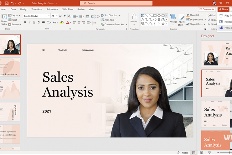 A screenshot of a pink PowerPoint slide deck with a woman on the main slide