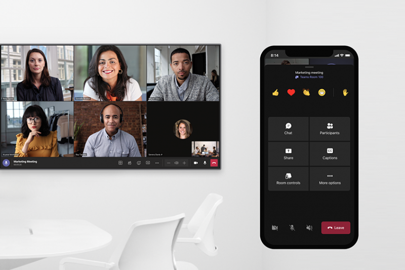 A graphic showing a Teams call with six participants and a smartphone