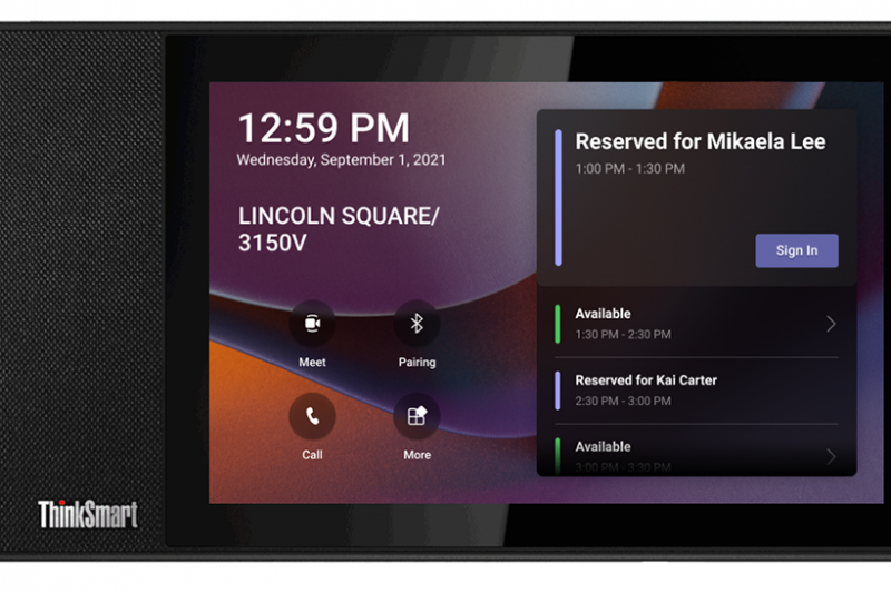 A ThinkSmart device shows the hot desking feature for Microsoft Teams display