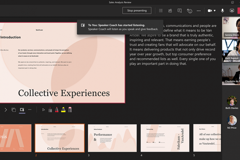 A screenshot of a presentation during a Teams meeting which shows speaker coach being enabled