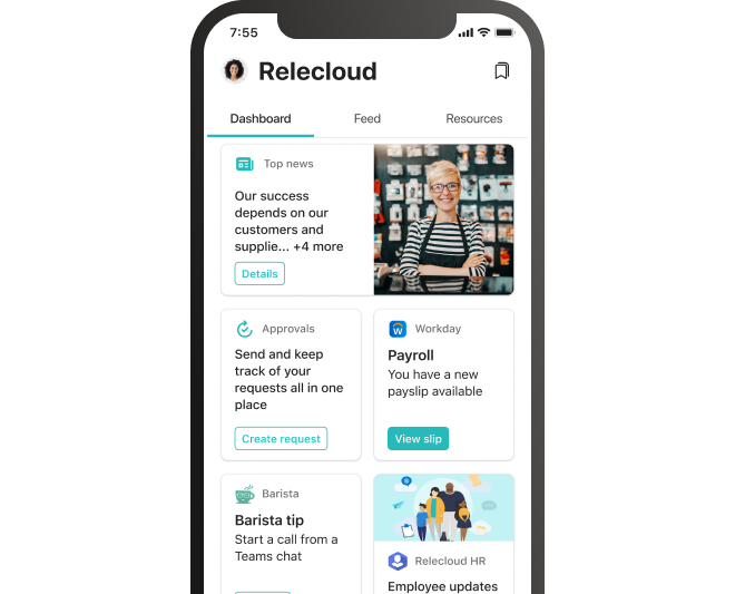 A screenshot showing the Viva Connections dashboard on a phone