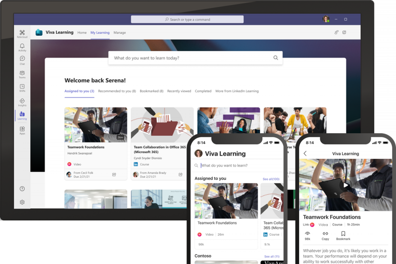 A screenshot showing Viva Learning on a phone and a tablet