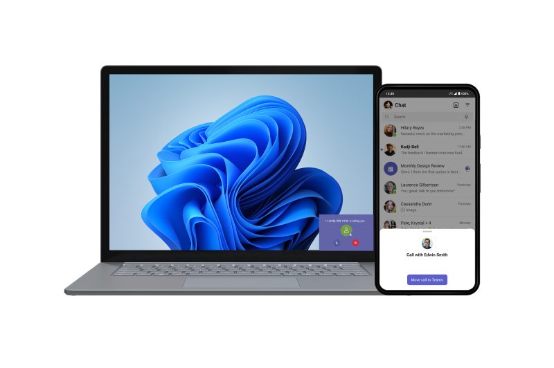 A laptop shows an incoming Teams call and a phone beside it shows a Teams screen