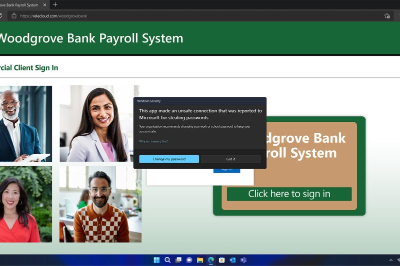 Enhanced phishing protection notification pop-up, with a message that says "This app made an unsafe connection that was reported to Microsoft for stealing passwords." The notification gives the option to select either change my password or got it