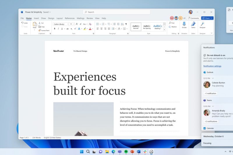 Windows 11 desktop view of a user enabling a Focus Session. The desktop shows Microsoft Word open in the middle of the screen. Focus session audio is located toward the top right corner. Notifications are features in the bottom right corner showing the do not disturb time at the time followed by notifications from Teams, Outlook, and the date.