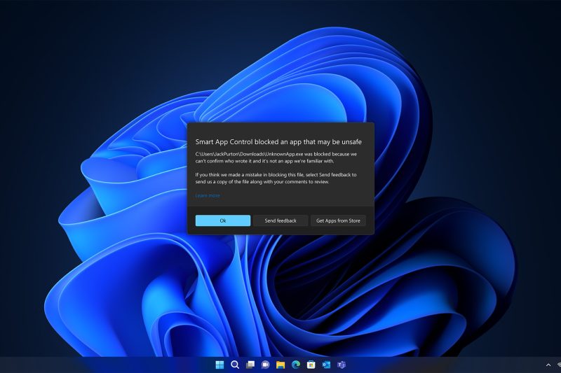 A Smart App Control dialog box with an alert stating that Smart App Control blocked an app that may be unsafe. Options within allow you to either choose Ok, Send feedback, or Get apps from store.