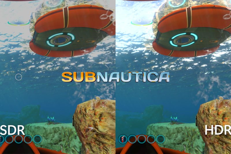Two images side by side of Subnautica gameplay footage comparing SDR and HDR. On the left is Subnautica in SDR and the right is Subnautica in HDR.