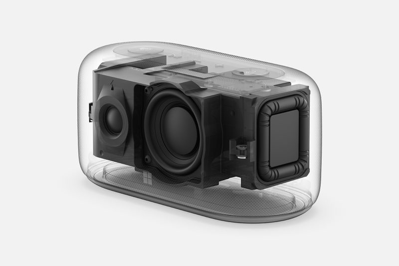 The inside of the dock shows speakers, a woofer and a tweeter.