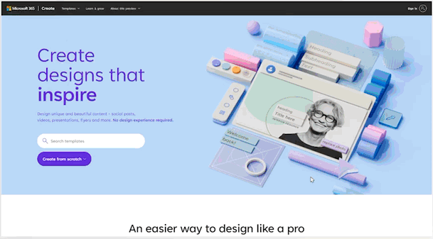 A user scrolls through the Create homepage and sees Create designs that inspire, selects Templates from the navigation, Instagram from the dropdown and sees Instagram template options, selects Learn & Grow from the navigation and sees content creation tips.
