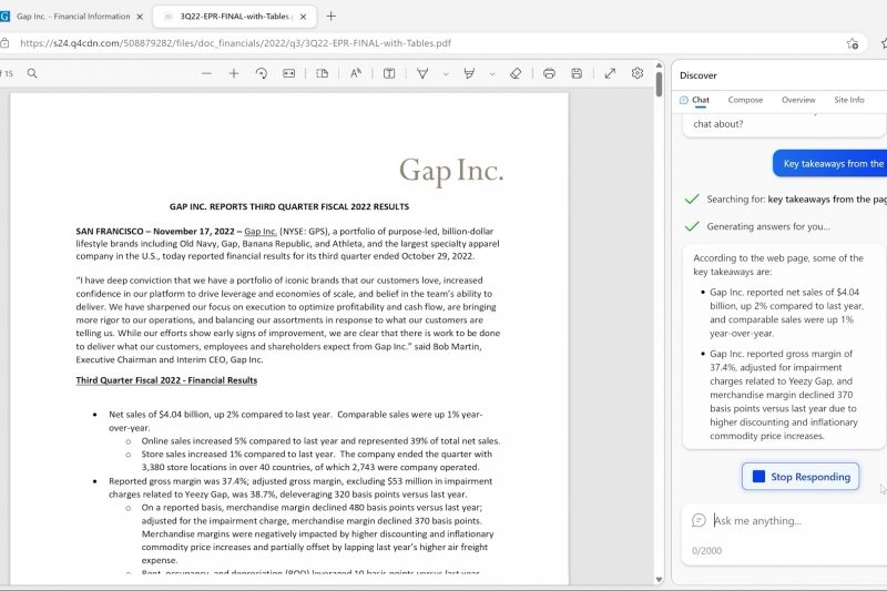 A screenshot shows someone using the chat function of the Edge Sidebar to ask for a summary of key takeaways from a lengthy financial report.