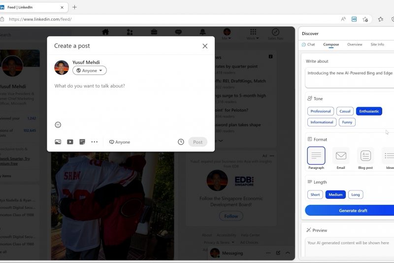 A screenshot shows someone using the Edge Sidebar to ask for help composing a LinkedIn post.