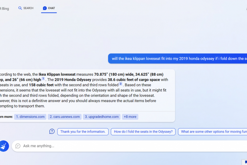 A screenshot shows the new Bing interactive chat where someone is asking if an IKEA couch will fit in the back of their car.
