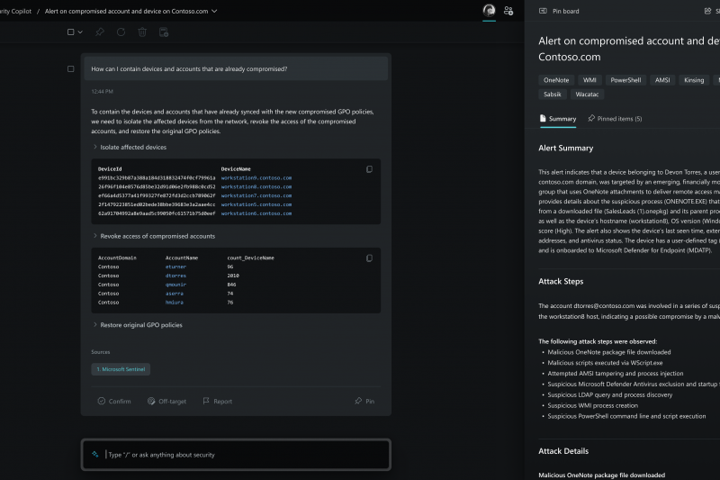 Screenshot of the Microsoft Security Copilot graphical user interface depicting an alert of a compromised account and device on the right side and recommendations for containing the compromised accounts and devices on the left side.