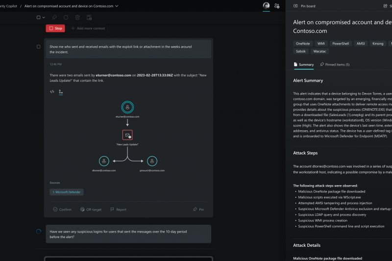 Screenshot of the Microsoft Security Copilot graphical user interface depicting an alert of a compromised account and device on the right side and a graphical representation of who sent and received emails with the identified exploit link on the left side.