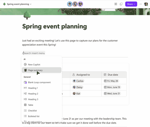 Gif shows Copilot in Loop summarizing content