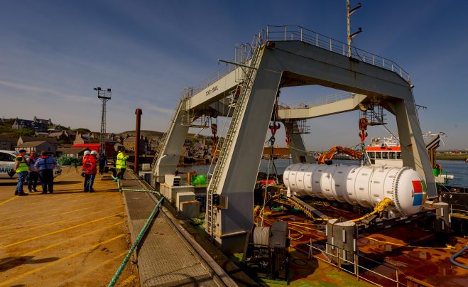 Microsoft's Project Natick at the launch site in the city of Stromness on Orkney Island, Scotland on Sunday May 27, 2018. (Photography by Scott Eklund/Red Box Pictures)