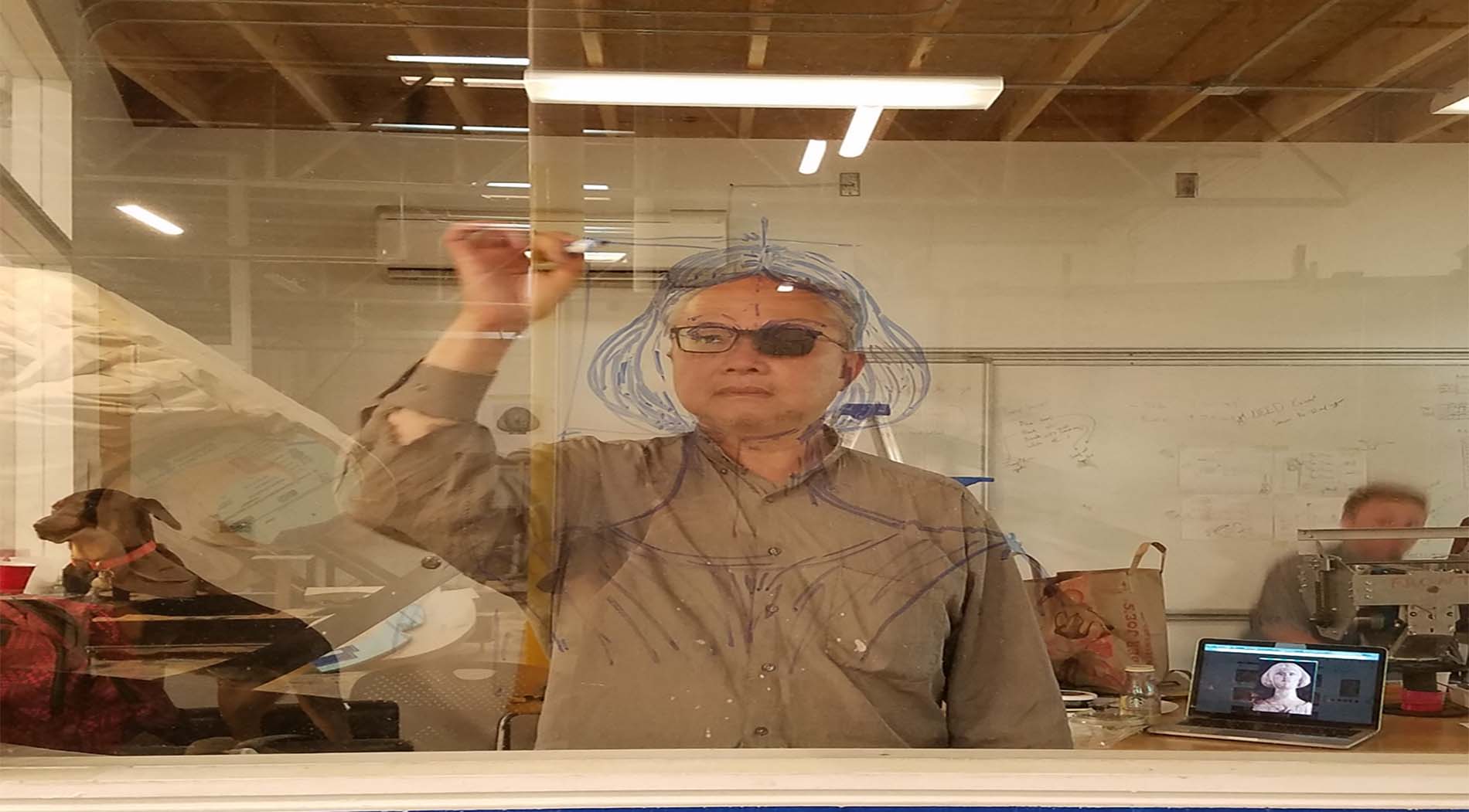 Mel Chin works on a sketch of Jenny Lind.