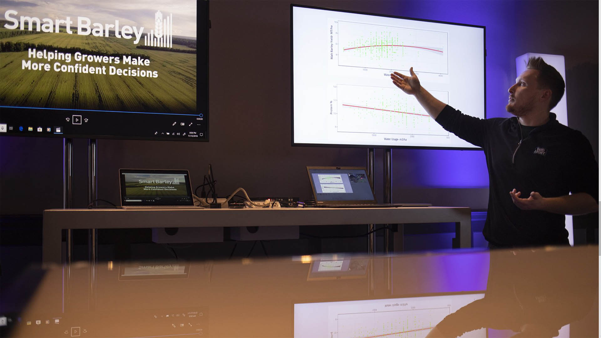 Andrew Green, global director of innovation at Anheuser-Busch InBev, demonstrates SmartBarley at a Conversations in AI event in San Francisco—a program that uses data, technology and insights derived through the use of Microsoft AI to help 8,000 farmers around the world improve their yields. Photo by John Brecher for Microsoft.