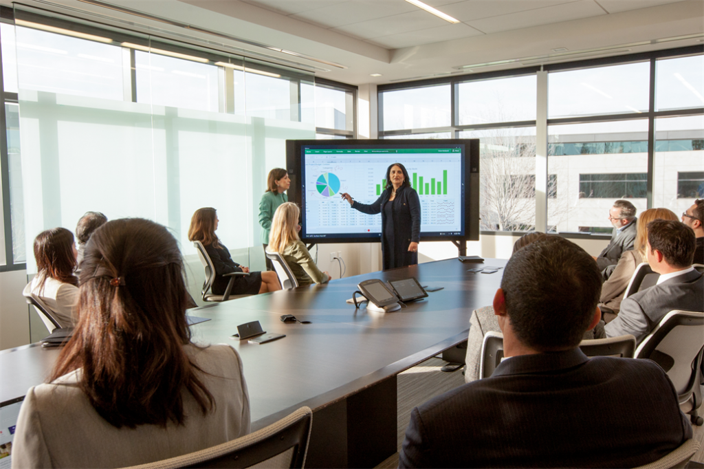Image of CEO leading a financial meeting using the Surface Hub