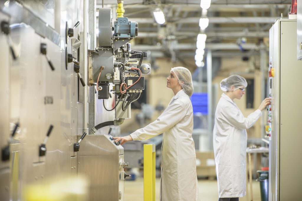 Workers attending ovens in biscuit factory