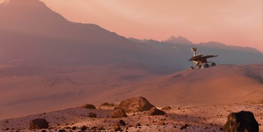 Impression of a rover on the surface of Mars.
