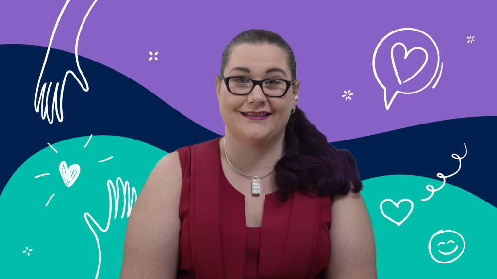 Portrait of Jess infront of graphical background with illustrations