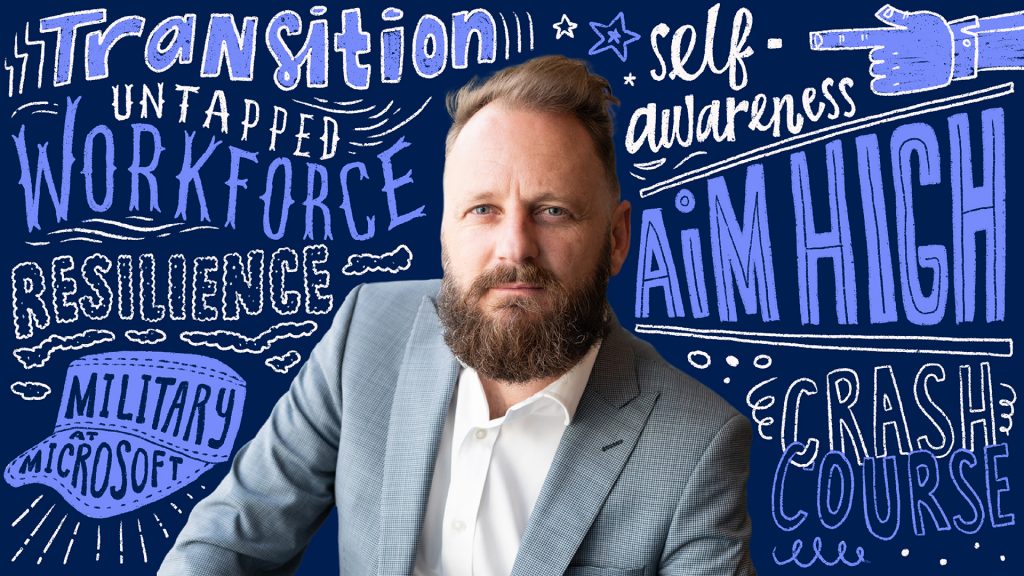 Portrait image of Jimmy Kerr infront of a graphical cloud of words